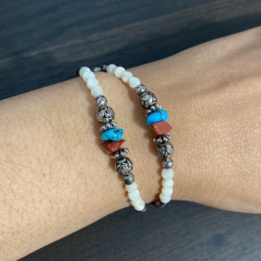 Vintage Native American Handmade Coral Turquoise Liquid Silver Bracelet